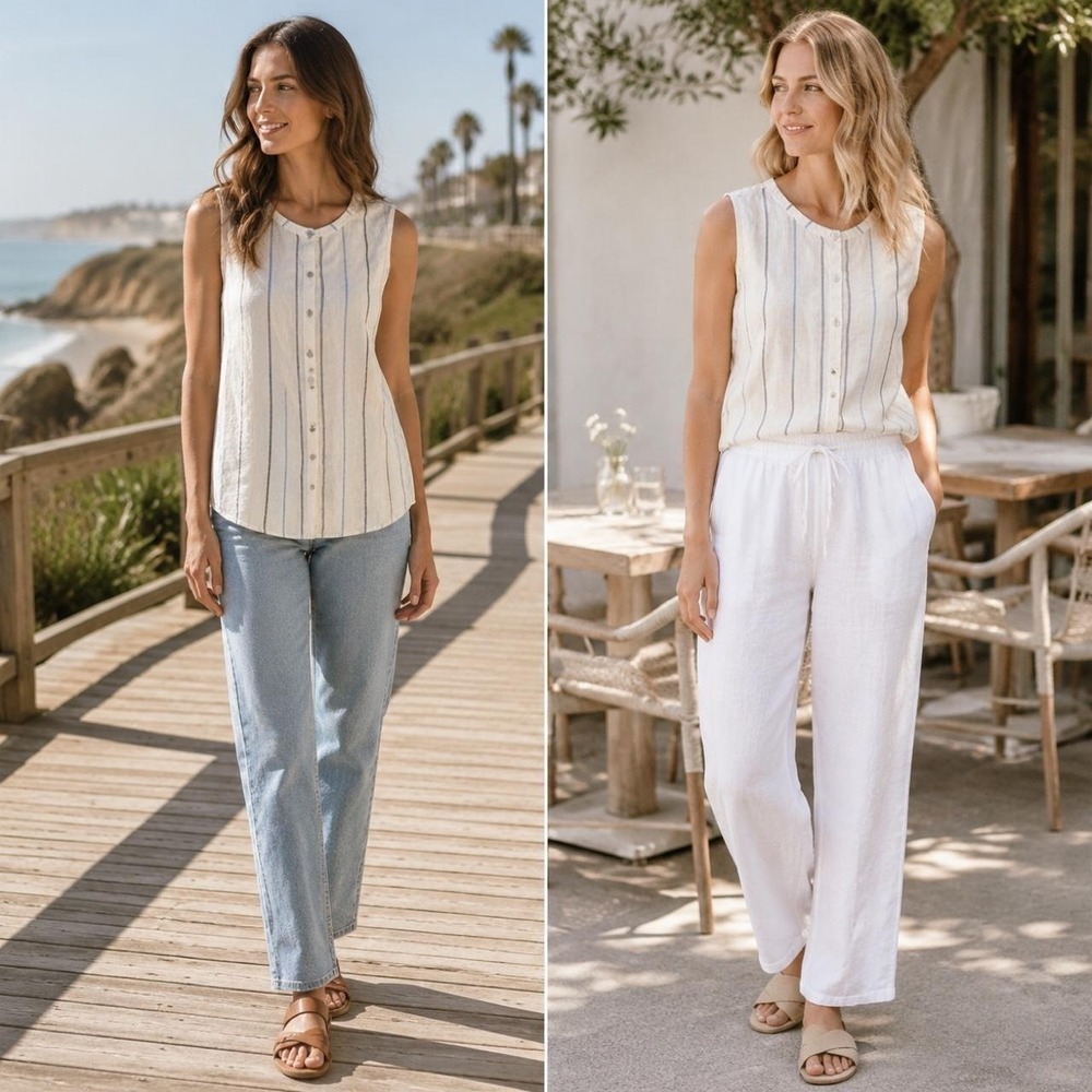 C&C California 100% Linen Sleeveless Top Women's M Ivory Stripe Button Beachy